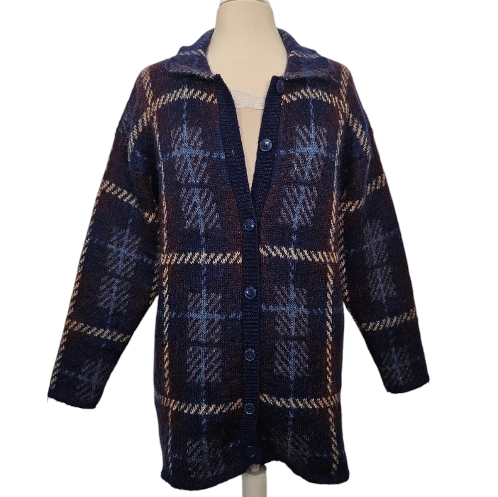 Vintage Mohair Blend Plaid Oversized Cardigan Sweater Navy Burgundy Tan M - Picture 2 of 11